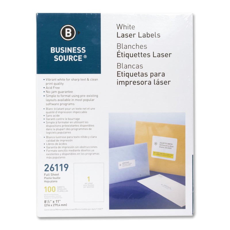Business Source Laser Full Sheet Mailing Labels - Pack of 100 - Image 1